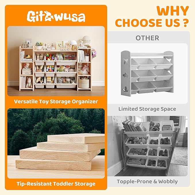 GITAWUSA Toy Storage Organizer, Kids Bookshelf with 6 Shelves, 9 Toy Bins & 6 Hooks | Toy Shelf, Storage Bin Unit, Toy Organization for Playroom, Nursery, Bedroom, Toddler Room | Wood & White