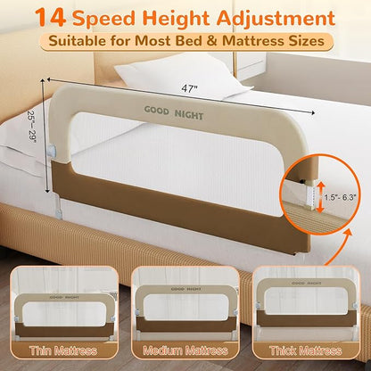 Bed Guard Rail for Toddlers - 47" Adjustable Heights & Folding up Portable Bed Railing for Baby - Toddler Bed Rails Guard for Crib, Twin, Bunk,Full Size, Queen & King Bed