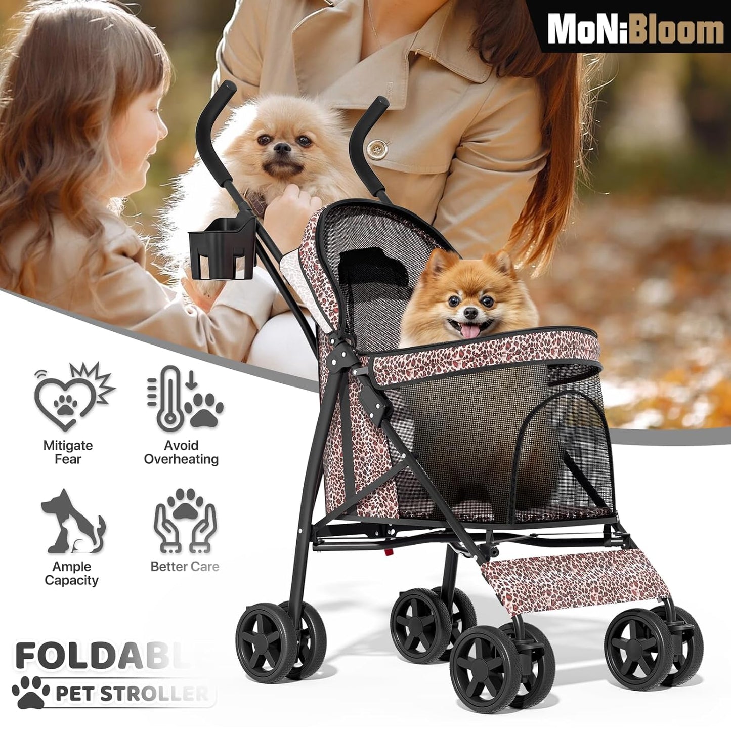 MoNiBloom 4 Wheels Pet Stroller, Easy-Fold Puppy Cage Jogger Stroller with Sun Cover, Pad and Rear Storage Bag, Breathable and Visible Mesh for Small/Medium Pets up to 22 lbs, Black