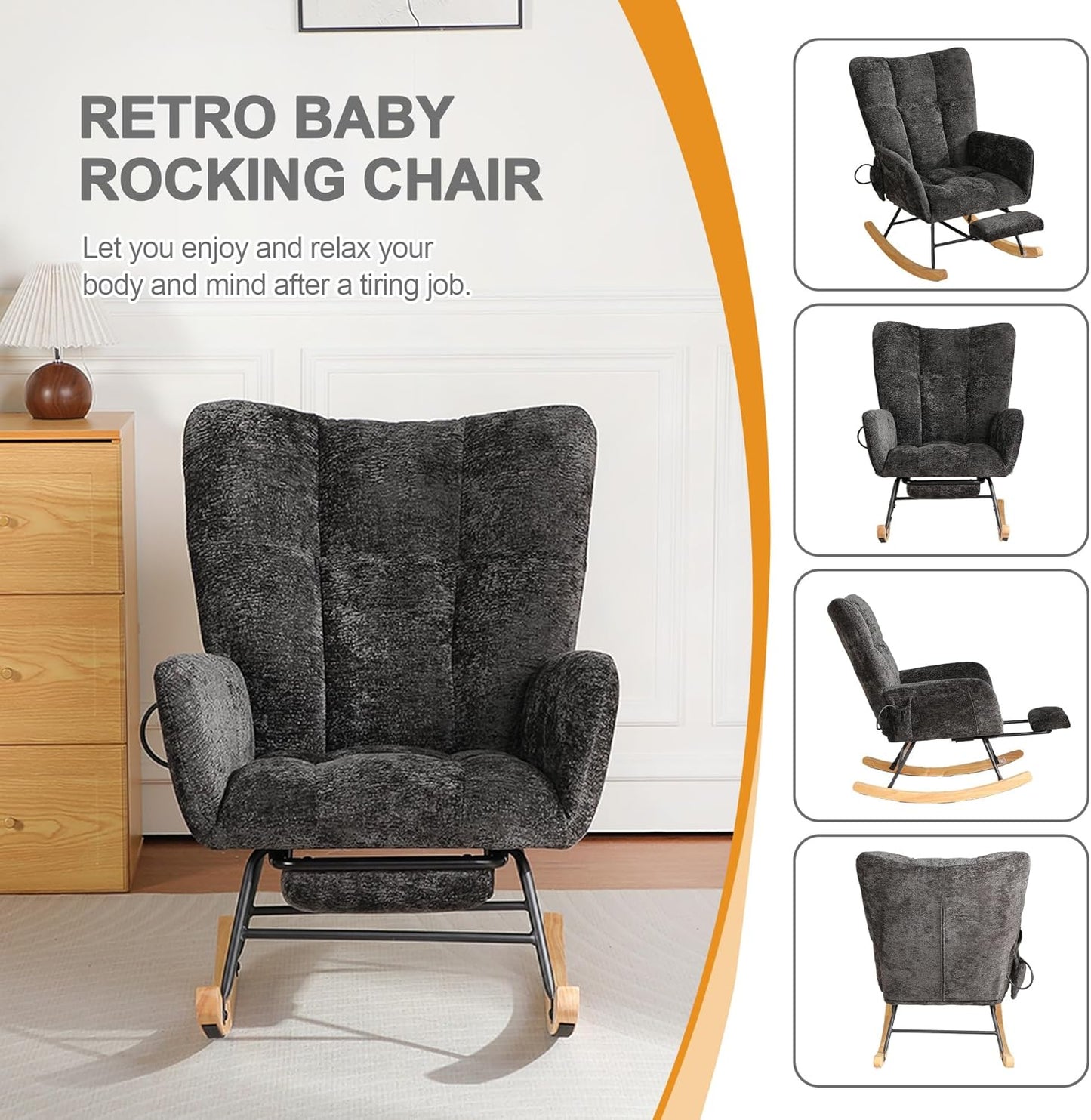 Rocking Chair Nursery with Airbag, Comfy Modern Nursery Rocking Reading Chair indoor with Footrest, Cozy Upholstered Glider Rocker Chairs for Living Room Bedroom Offices(Chenille, Dark Grey)