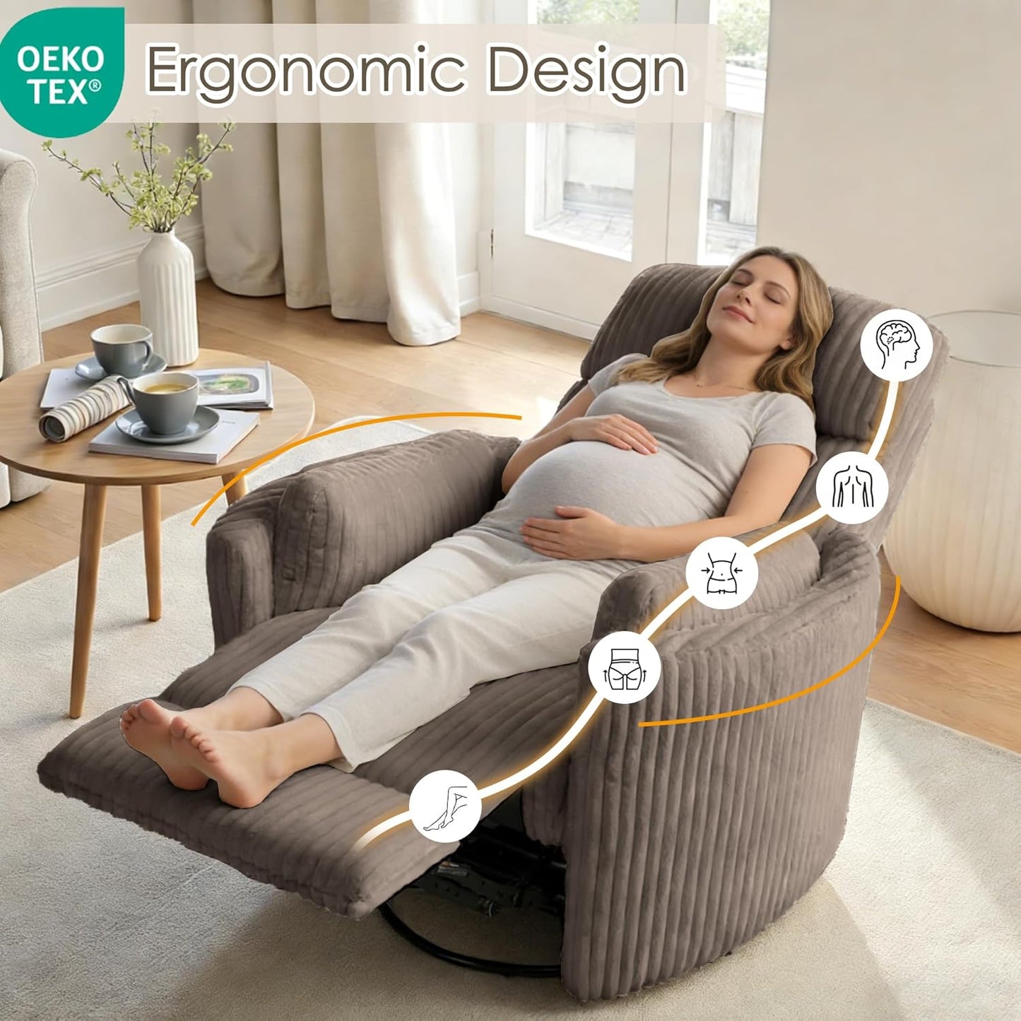Nursery Rocking Chairs Comfy High Back 360 Swivel Rocker Recliner with 2 Pillows Glider Recliner Nursery Chair for Adults Small Spaces Nursing Bedroom Living Room Beige