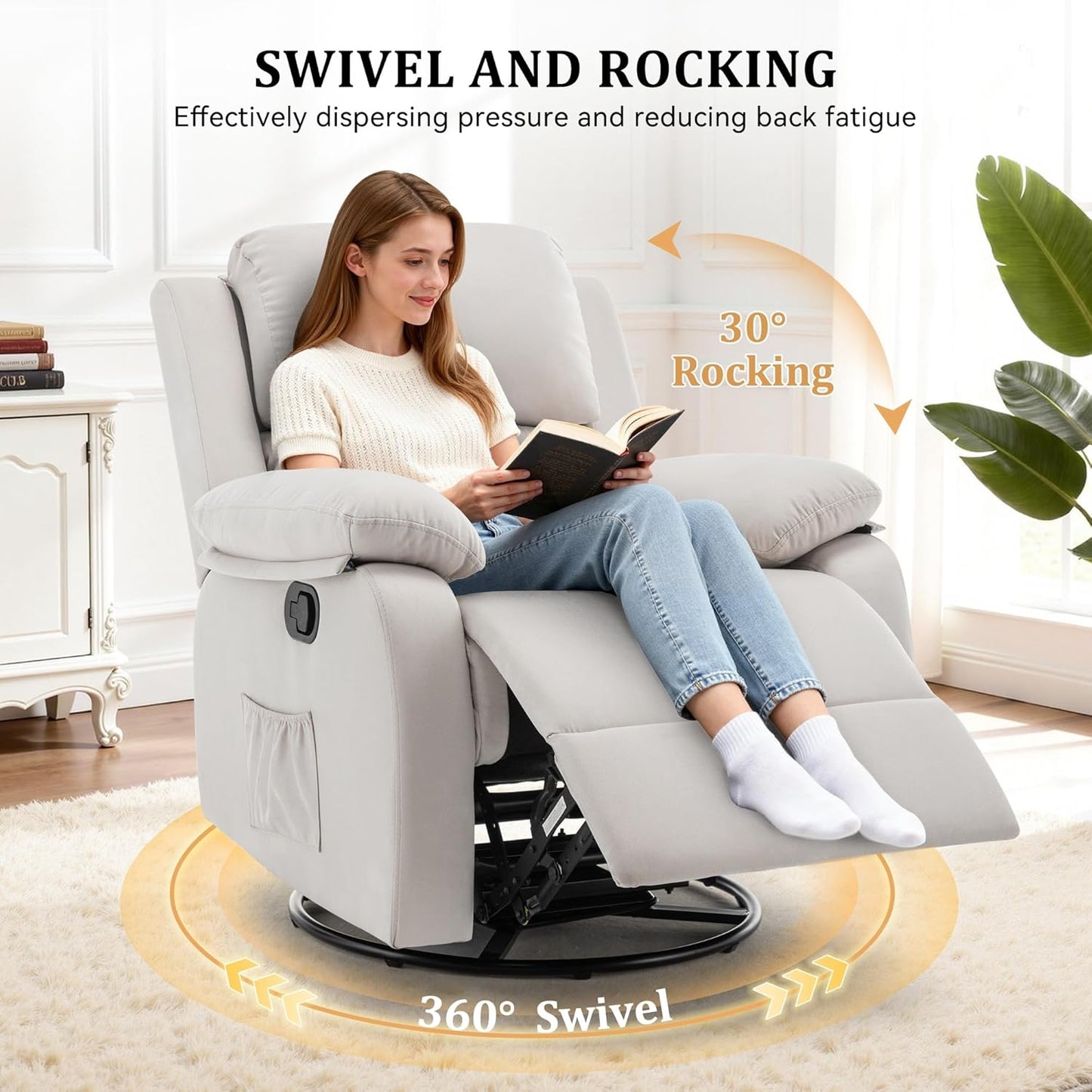 Korser Recliner Chair, 360 Swivel Rocker Chair for Adults, Small Rocking Recliner for Small Spaces, Upholstered Fabric Glider Recliner Nursery