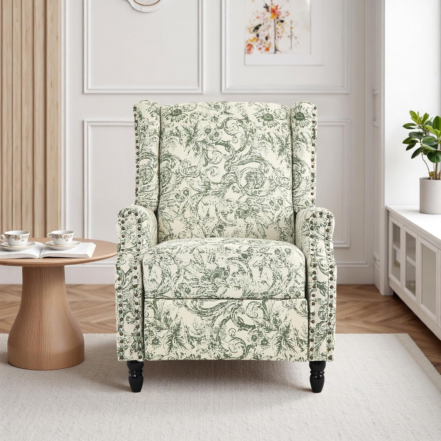 Swivel Rocker Recliner Chair, Manual Nursery Glider Recliner, Floral Fabric Wingback Accent Chair with Adjustable Backrest & Footrest for Small Spaces Living Room Bedroom (Plants Floral, Set of 1)