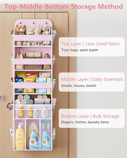 OneDream Over the Door Organizer for Nursery, 5-Tier Baby Clothes Organizer with Removable Storage Caddy, Hanging Behind Door Storage with Clear Pockets and Side Mesh Compartments, Grey