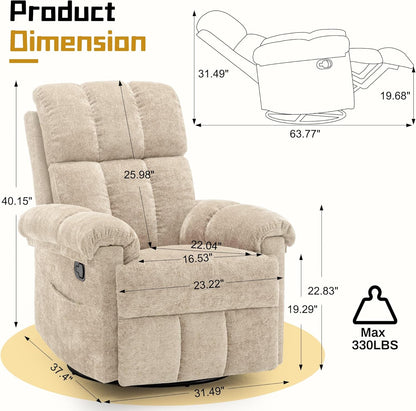 Korser Recliner Chair, Swivel Rocker Recliner Chair for Adults, Small Recliners for Small Spaces, Upholstered Manual Recliner with Side Pockets, Nursery Rocking Chair for Living Room, Chenille, Beige