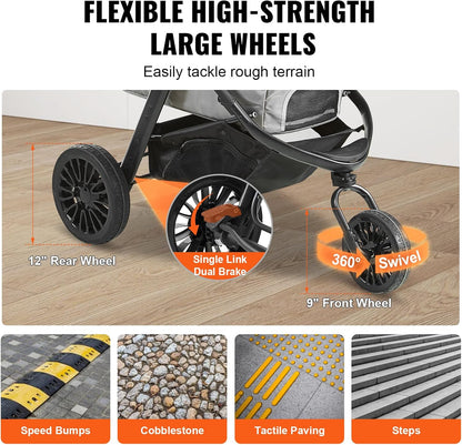 VEVOR Pet Stroller, 44 lbs Weight Capacity, Foldable Dog Cart, 4 Wheels Cats Stroller with Mesh Windows & Revrsible Handle, Portable Pet Carrier with Brake, for Small to Medium Pets