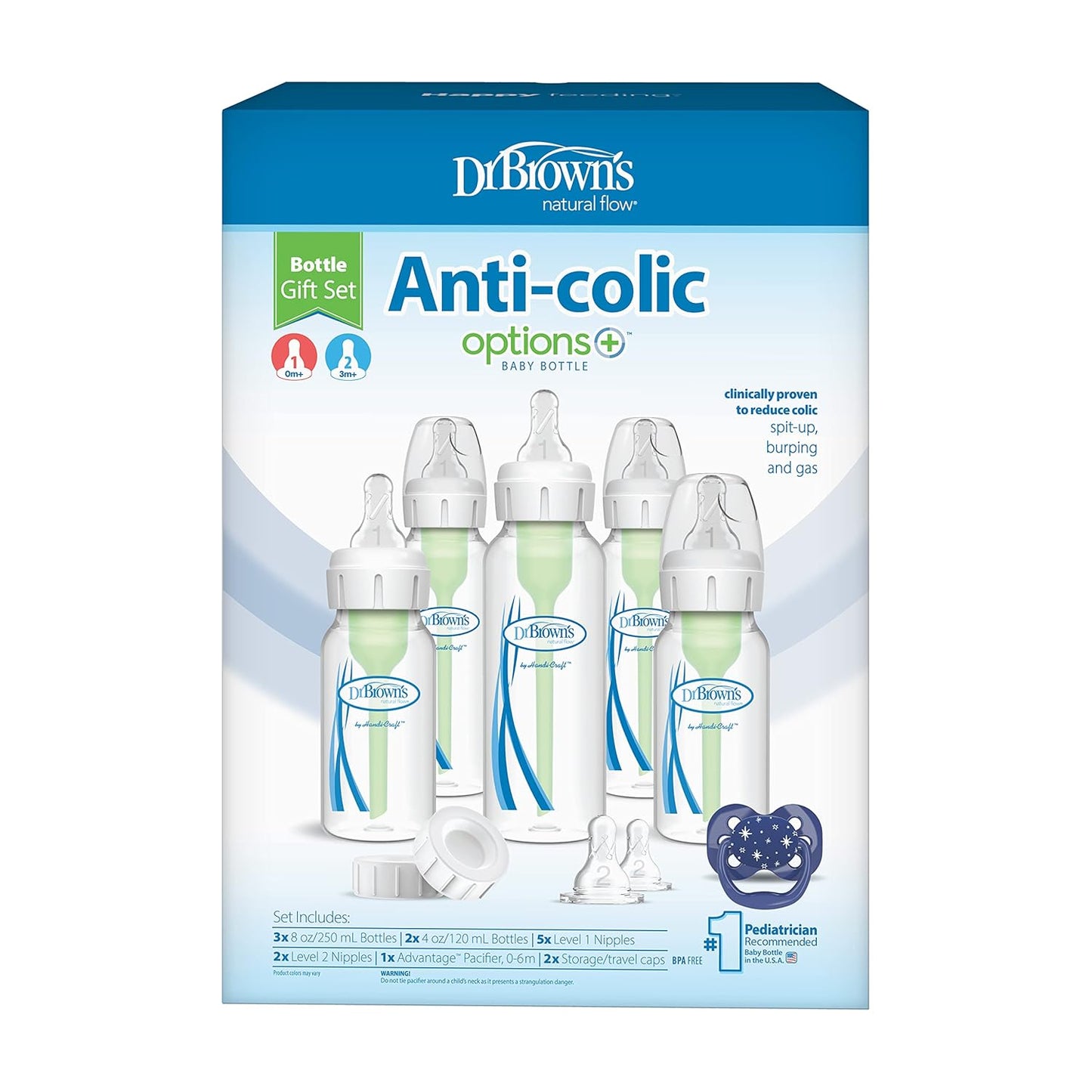 Dr. Brown's Natural Flow Anti-Colic Options+ Narrow Baby Bottle Gift Set with Advantage Pacifier & Bottle Travel Caps, 0m+