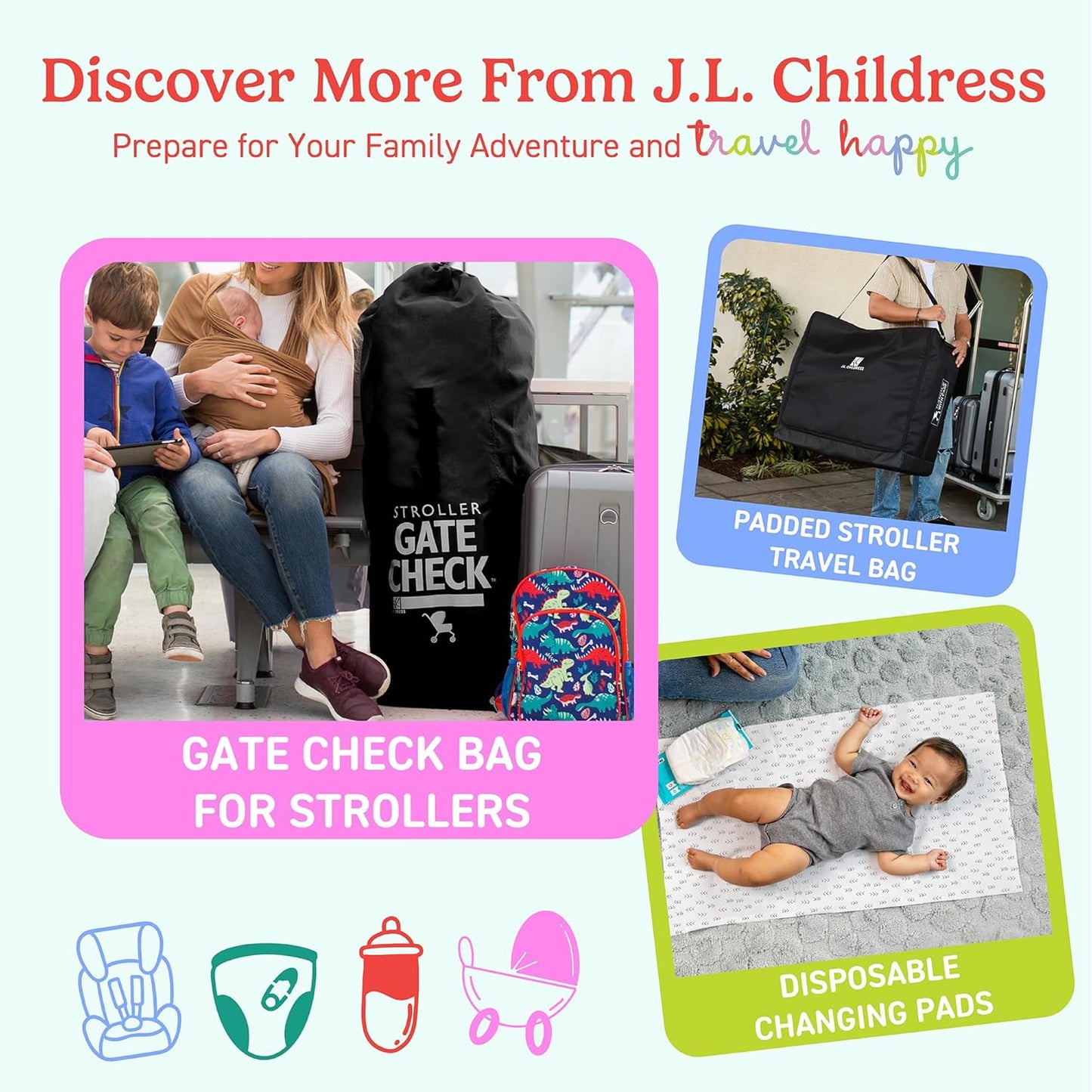 J.L. Childress Gate Check Travel Bag for Car Seats - Car Seat Travel Bag for Airplane, Includes AIRTAG Holder, Fits All Baby Carriers, Infant Carriers & Child Booster Seats - Neon Blue