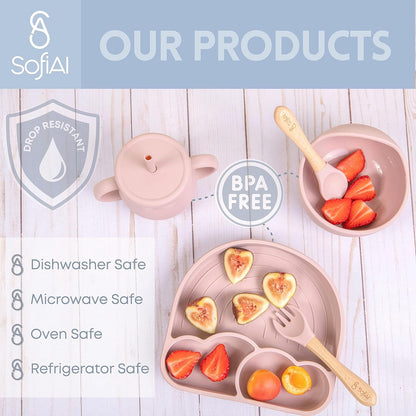 BPA-Free Non-Toxic Silicone Baby Feeding Set – Suction Plate, Bowl, Bib & Cup – 11-Piece Baby Led Weaning Set for Ages 6-18 Months – Eco Gift Bag (Dusty Blue)
