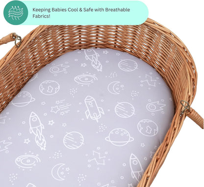 Bassinet Sheets for Papablic, CoZee, Cowiewie, Ezebaby, Nawahev Baby Bassinet Bedside Sleeper by TansyPanda, 3PC, 33x20, Ultra Soft, Breathable Snug Fit, Unisex Boys Girls, Gray White (Space Rockets)