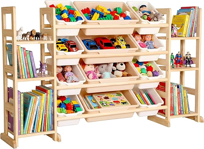 Amdermi Kids Toy Storage Organizer, 52" W White 6-Shelf Bookcase with 12 Bins, Cubby Unit for Toddler Playroom & Bedroom Organization