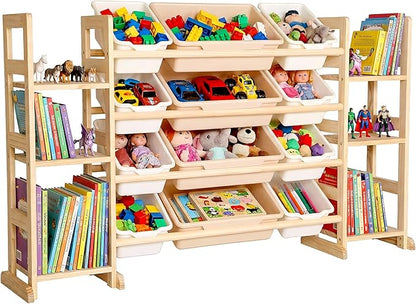 Amdermi Kids Toy Storage Organizer, 52" W White 6-Shelf Bookcase with 12 Bins, Cubby Unit for Toddler Playroom & Bedroom Organization