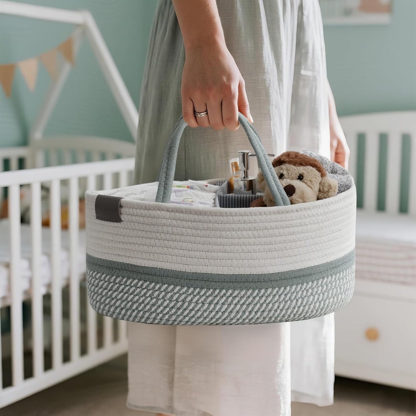 DECOMOMO Baby Caddy Organizer, Mother's Day Diaper Caddy Basket, Baby Baskets for Baby Shower (Spiral Beige & White, Large)