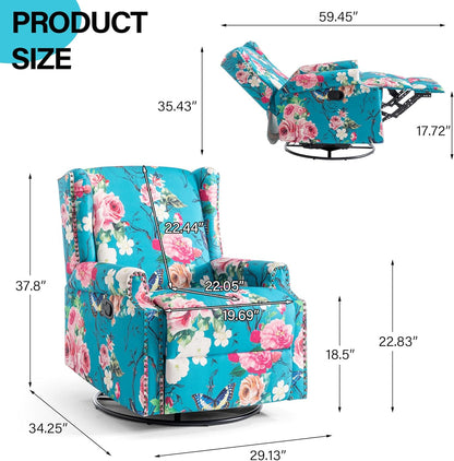 Swivel Rocker Recliner Chair, Manual Nursery Glider Recliner, Floral Fabric Wingback Accent Chair with Adjustable Backrest & Footrest for Small Spaces Living Room Bedroom (Plants Floral, Set of 1)
