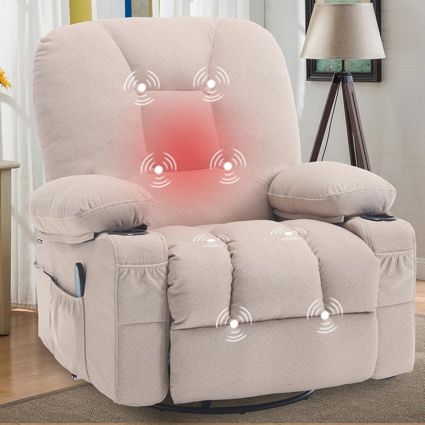 Rocker Recliner Chair with Massage and Heat, Oversized Rocking Nursery Recliners Overstuffed Swivel Glider with Cup Holder, Fabric Manual Single Sofa for Living Room, Beige