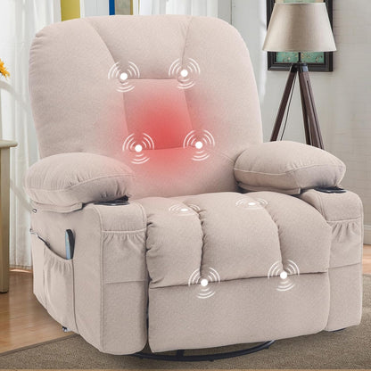 Rocker Recliner Chair with Massage and Heat, Oversized Rocking Nursery Recliners Overstuffed Swivel Glider with Cup Holder, Fabric Manual Single Sofa for Living Room, Beige