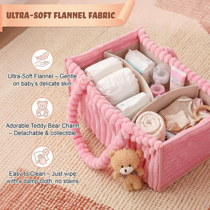 Flannel Baby Diaper Caddy Organizer with Teddy Bear, Baby Shower Gift Basket with Handle, Portable Nursery Storage Basket Bin for Diapers, Wipes, Newborn Essentials (White)