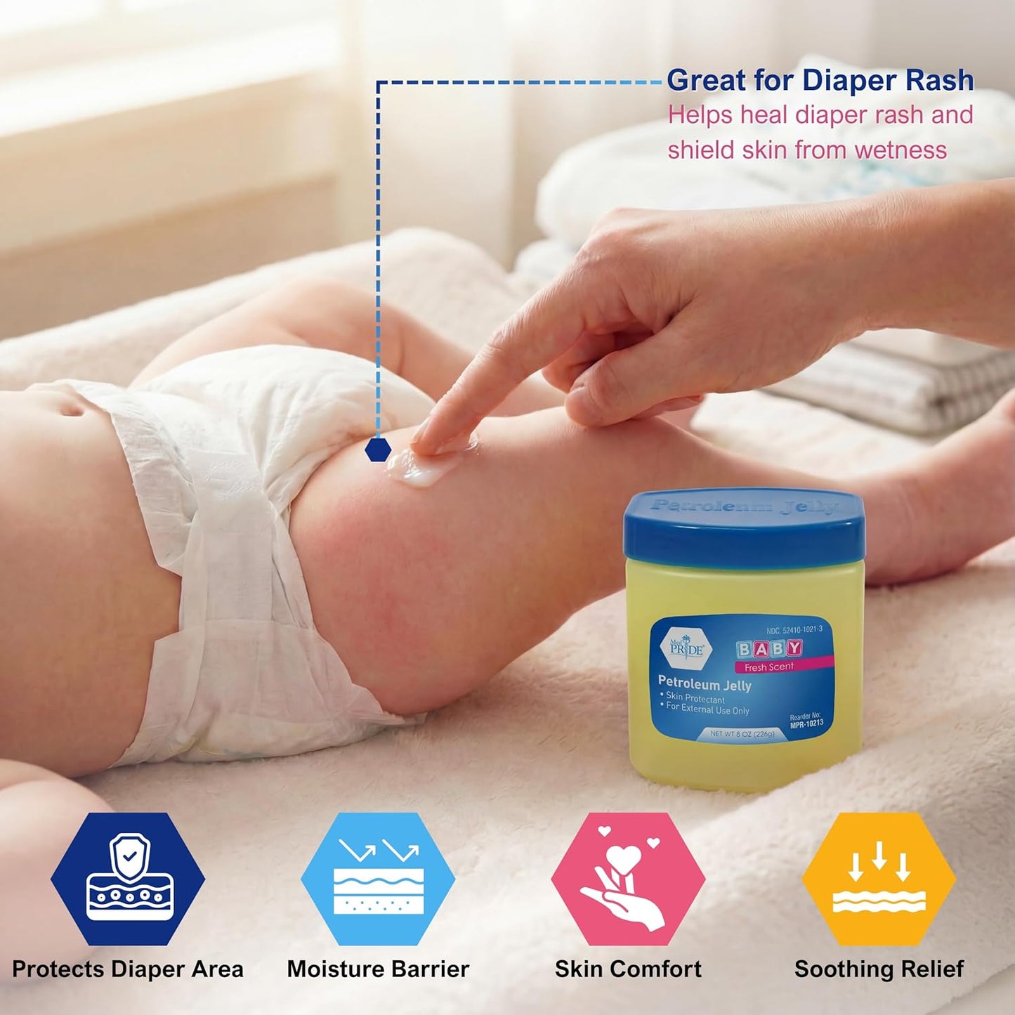 MED PRIDE Petroleum Jelly with Fresh Baby Scent, Pink, 8 oz – Skin Protectant & Moisturizing Ointment for Dry Skin, Rashes, Minor Burns, Chapped Lips & Diaper Rash