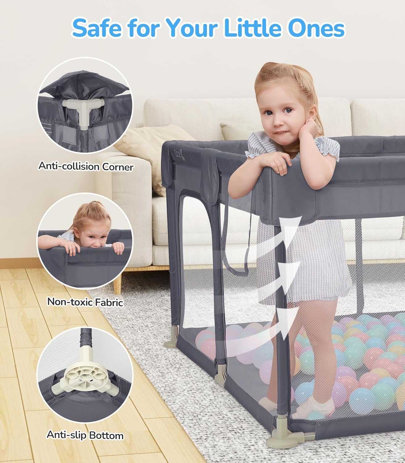 Dripex Baby Playpen, 47"x47" Small Playpen for Babies, Enhanced Safety Baby Play Yard for Indoor & Outdoor, Infant Play Pen with Soft Breathable Visible Mesh, Anti-Fall Design & Easy Setup, Grey