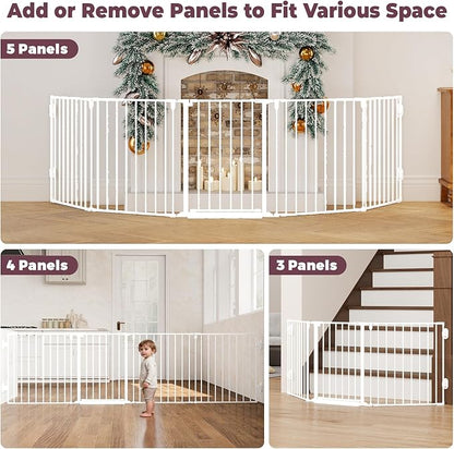 127.5" Extra Wide Baby Gate for Fireplace Christmas Tree, Configurable 5 Metal Panels Baby Fence, Child Gate for Wide Openings with Anti-Trip Pedal, Long Kid Gate for Dog Pet, 28'' Tall White