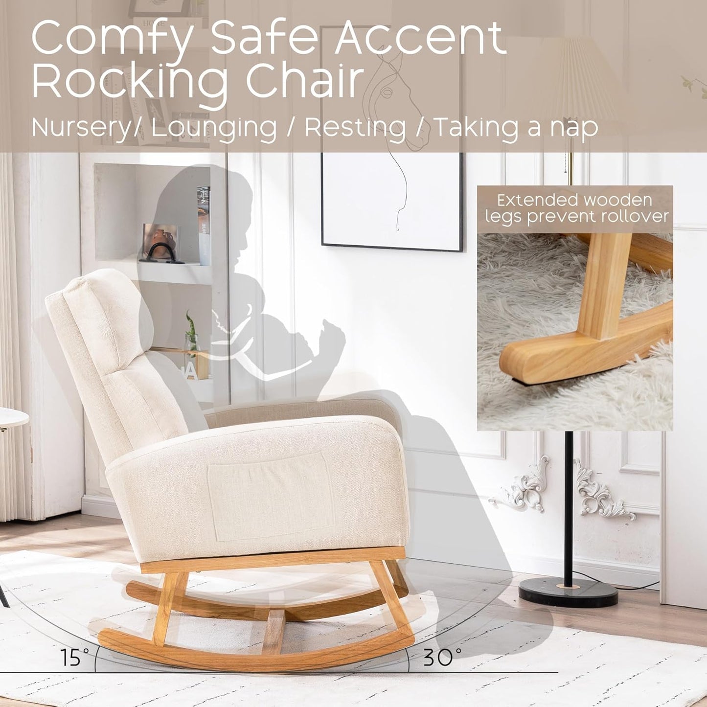 Rocking Chair Nursery - Glider Modern Accent Chairs Upholstered Nursing Rocker Padded Armchair for Indoor Living Room Bedroom Beige