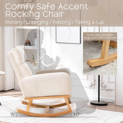 Rocking Chair Nursery - Glider Modern Accent Chairs Upholstered Nursing Rocker Padded Armchair for Indoor Living Room Bedroom Beige