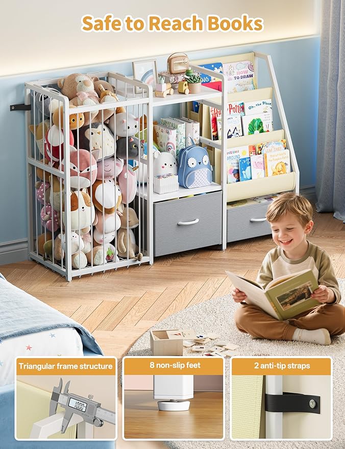 Kids Bookshelf and Toy Storage, Large 3 Tier Book Shelf for Kids Rooms, Sling Baby Bookcase with Stuffed Animal Storage, Toddler Montessori Bookshelf for Nursery, Playroom, Kindergarten