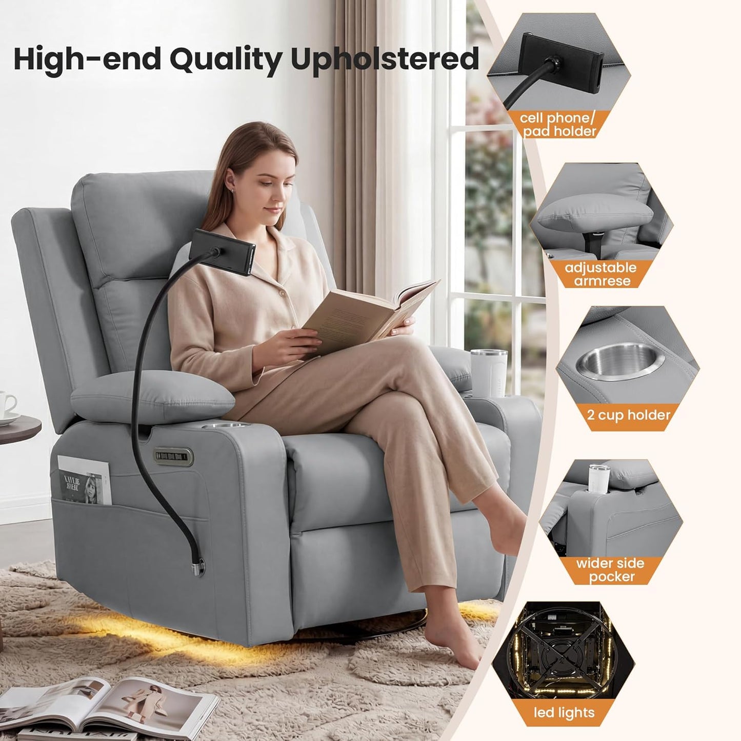 Power Rocking Chair Nursery with Adjustable Armrests and Headrest, Swivel Rocker Recliner with Electric Lumbar Support, Glider Recliners for Breastfeeding, Nursing Chair with USB, Cup Holder, Beige