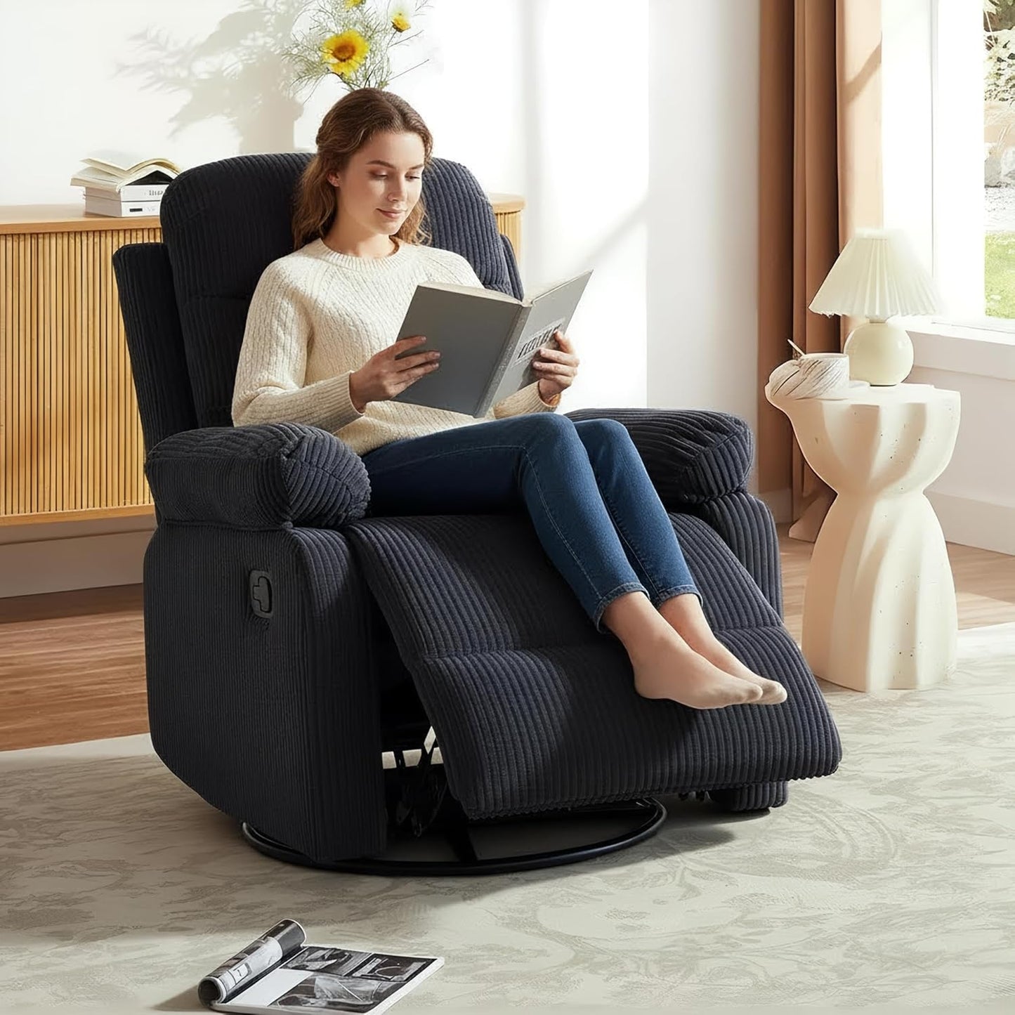 Rocking Recliner Chair,Modern Swivel Glider Recliner Chair,Corduroy Fabric Upholstery Recliner,Manual Reclining Sofa Chair for Living Room,Office,Apartment (Beige)