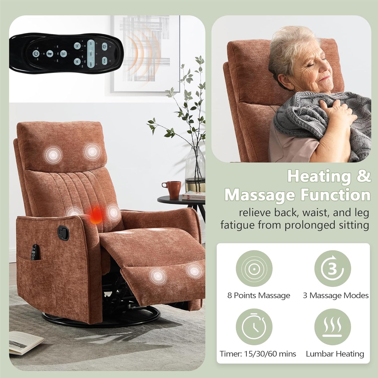 cinkehome Swivel Rocker Recliner, Glider Rocker Recliner Chair for Nursery, Manual Reclining Chair with Heated Massage, Small Spaces, Living Room, Khaki Chenille