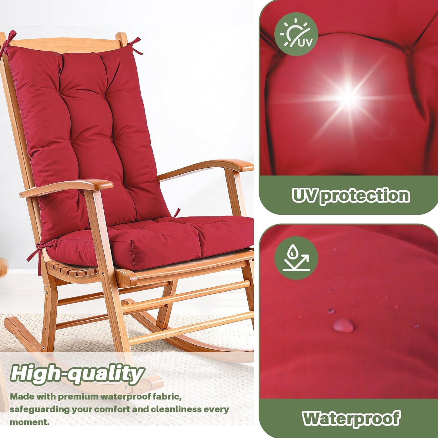 Rocking Chair Cushion with Ties Non-Slip Outdoor Rocking Chair Cushion Set Waterproof Fade-Resistant Porch Garden Patio Glider Rocker Cushions