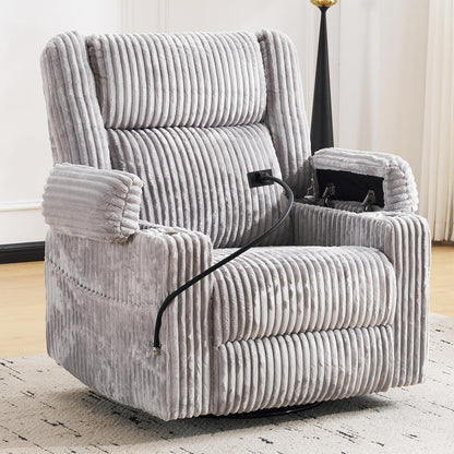 Oversized Power Recliner Chair with Massage and Heat, Swivel Rocker Recliner Chair for Adults with Arm Storage, Nursery Glider Recliner with Adjustable Headrest and Phone Stand, Side Pockets, Beige