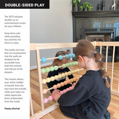 ZETY Natural Wood Baby Playpen – 8 or 10 Panel Foldable Play Yard with Door Panel and Built-in Toys, CPC Certified & SGS Tested