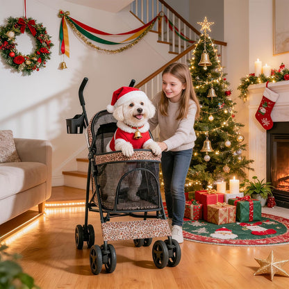 MoNiBloom 4 Wheels Pet Stroller, Easy-Fold Puppy Cage Jogger Stroller with Sun Cover, Pad and Rear Storage Bag, Breathable and Visible Mesh for Small/Medium Pets up to 22 lbs, Black