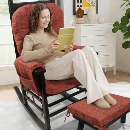SINOSSO Glider Rocker Cushion Set (5 Pcs), Soft Blended Fabric High-Density Support Foam Seat Cushions with Ties, Fits Rocking Chair/Nursery Glider & Ottoman, Black-Gray