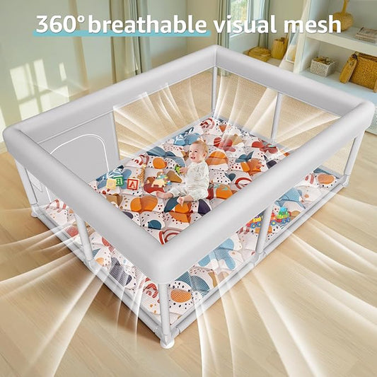 Hiaksedt Baby Playpen with Mat 65 x 50 Inch, PlayPen for Babies and Toddlers, Sturdy Safety Play Yard for Indoor & Outdoor with Zipper Gates