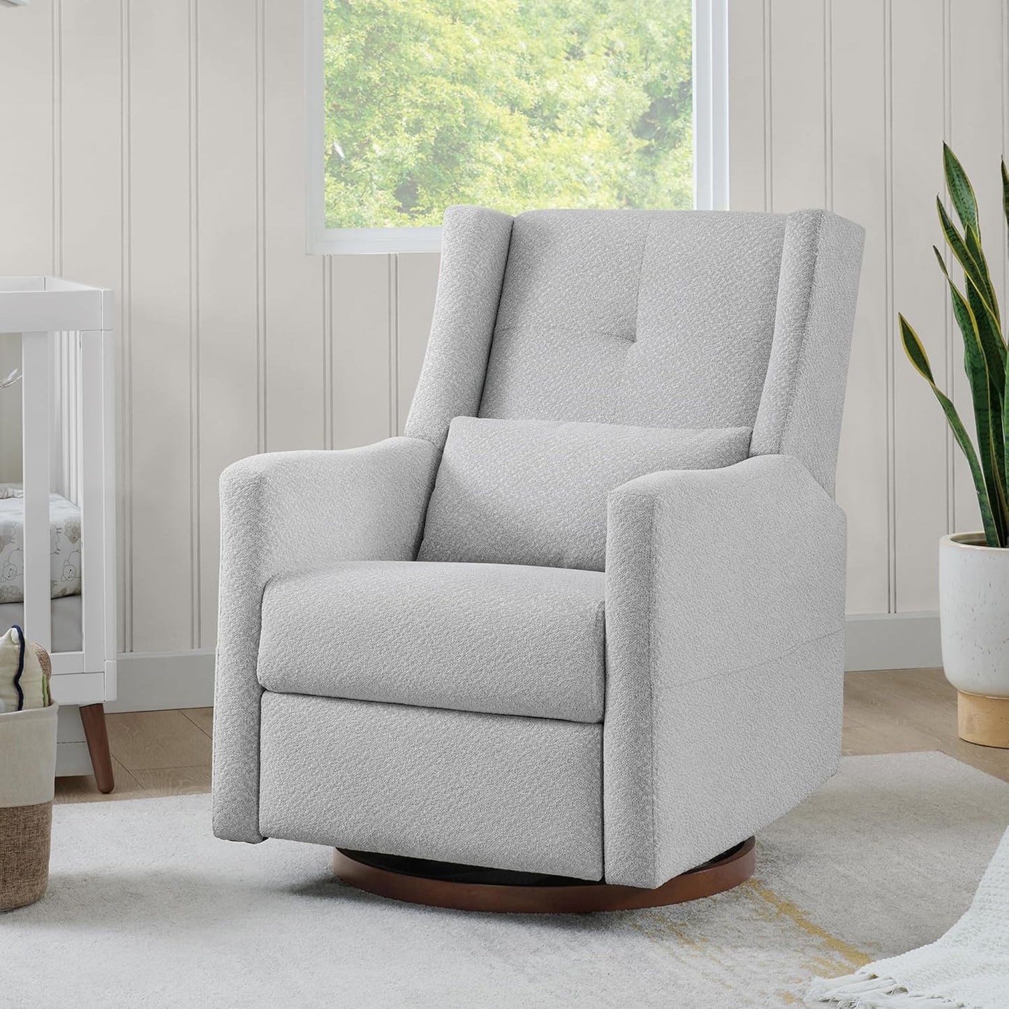 KISLOT Upholstered Recliner Swivel Glider Nursery Chair Reclining Performance Fabric Rocker with Wood Base,Boucle,Moss Green