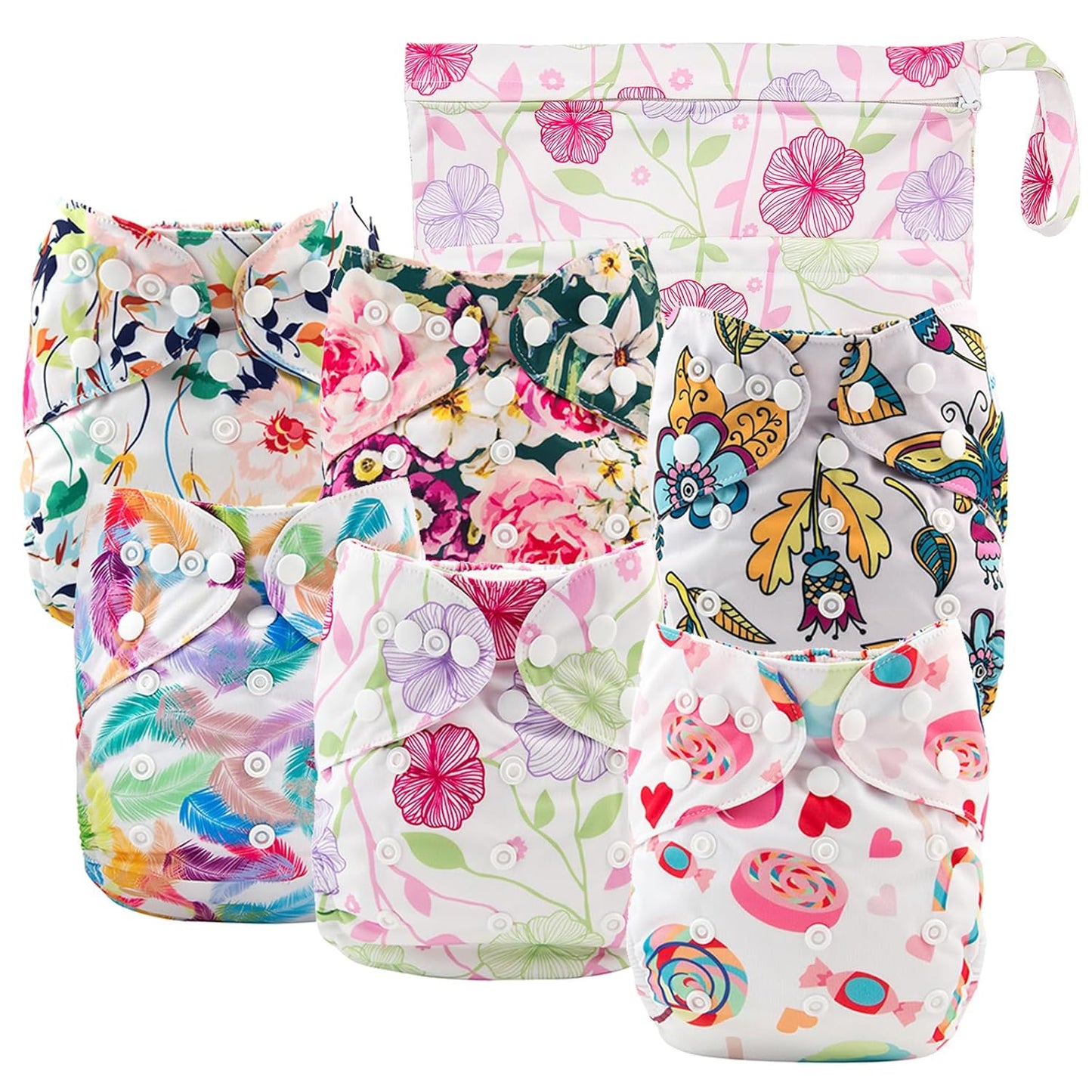 babygoal Cloth Diaper Covers 6 Pack with Wet Bag for Fitted Diapers and Prefolds with Double Gussets, Adjustable and Reusable for Baby Boys and Girls