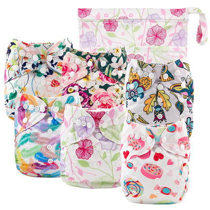babygoal Cloth Diaper Covers 6 Pack with Wet Bag for Fitted Diapers and Prefolds with Double Gussets, Adjustable and Reusable for Baby Boys and Girls