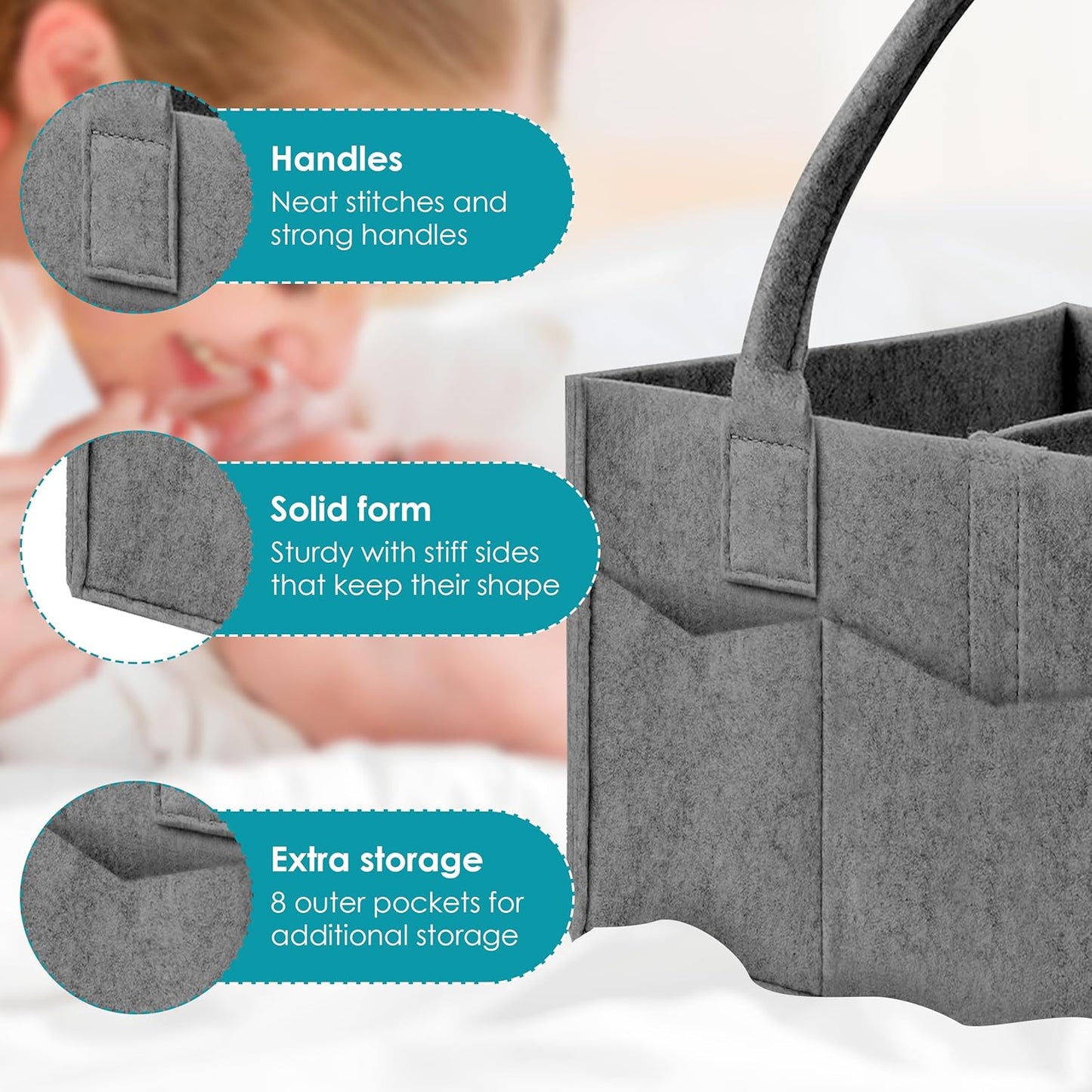 Cute Castle 2 Pack Diaper Caddy Organizer - Portable Baby Caddy Organizer with Handle, Nursery Storage Bin and Car Organizer for Girls, Boys - Baby Gift Basket - Grey