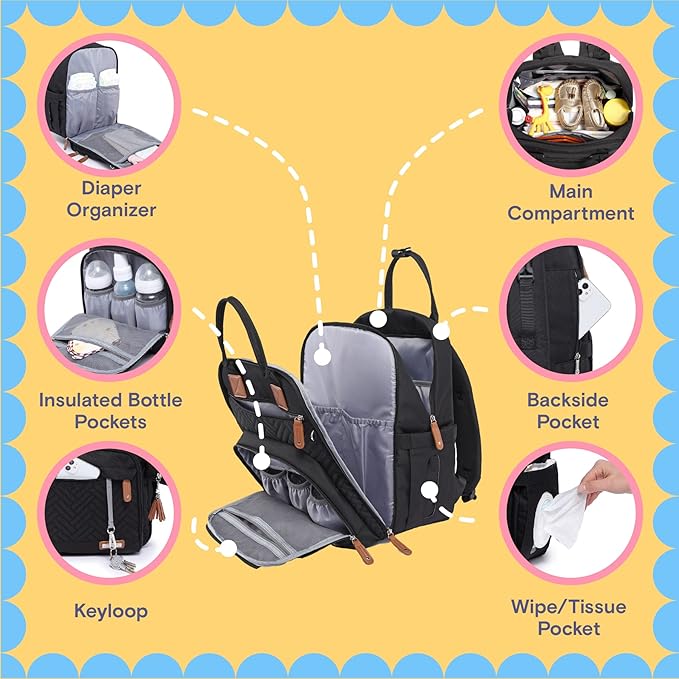 iniuniu Diaper Bag Backpack, 4 in 1 kit Large Unisex Baby Bags for Boys Girls, Waterproof Travel Back Pack with Pouch