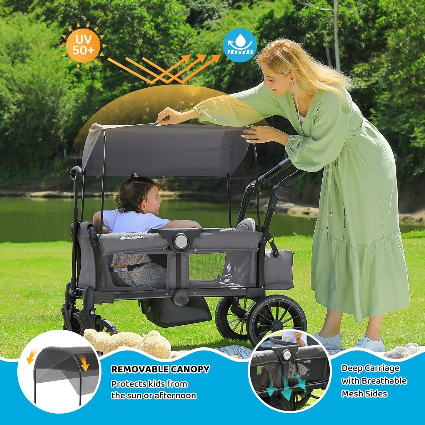 ELEMARA Stroller Wagon, 2 Seat Stroller for 2 Kids, Premium All Terrain Stroller for Kids w/Removable Canopy, Adjustable Push/Pull Handle, Large Storage Bag, Black