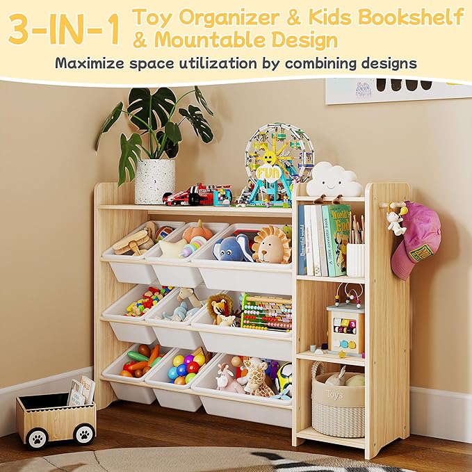 GITAWUSA Kids Toy Storage Organizer, Wooden Shelf with 3 Tiers and 9 Storage Bins, Nursery Room Organizer for Books and Toys, White and Natural Wood