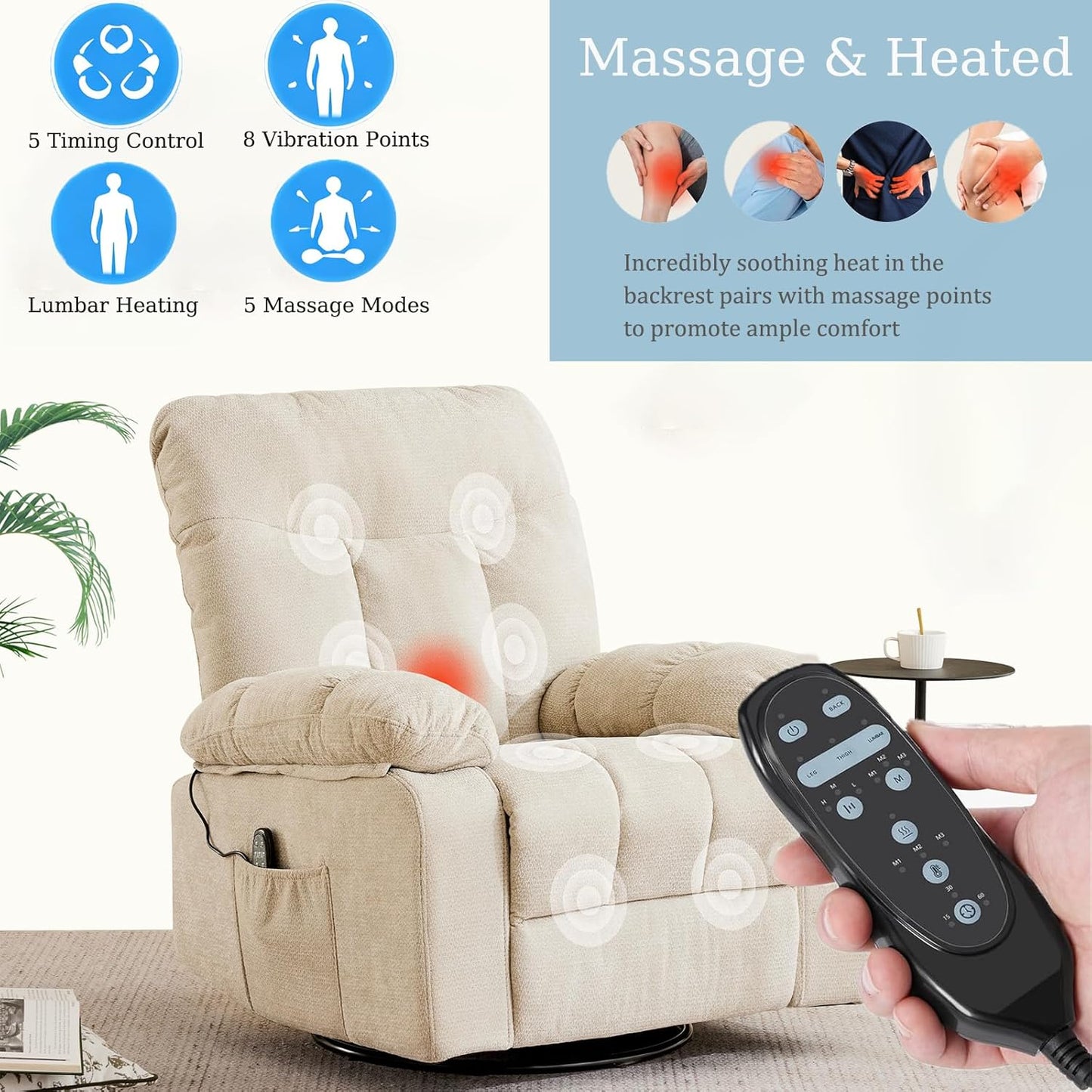 Power Lift Recliner Chair for Adult with Heated and Full Body Massage, Glider Nursery Chair with Cup Holder and USB Charge Port, Oversided Swivel Rocker Recliner for Living/Study/Bedroom Room, Grey