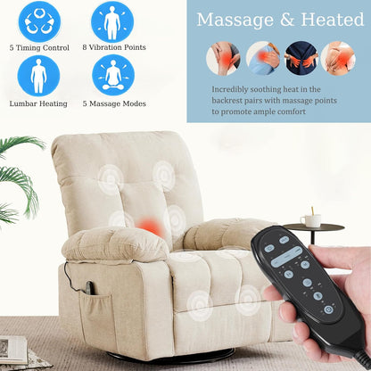 Power Lift Recliner Chair for Adult with Heated and Full Body Massage, Glider Nursery Chair with Cup Holder and USB Charge Port, Oversided Swivel Rocker Recliner for Living/Study/Bedroom Room, Grey