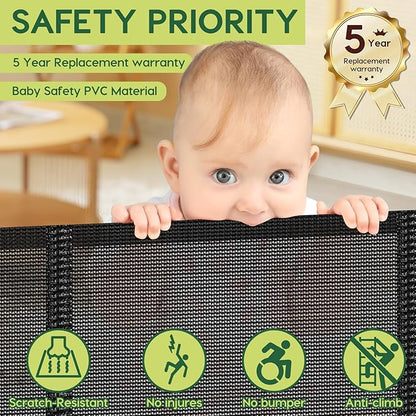 Reinforced 55" Wide Retractable Baby Gates with Reinforced Strips, Indoor/Outdoor Retractable Dog Gate for Doorway Prevent Bottom Drilling Through, No Bottom Bar Safety Mesh Baby Gate for Stair, Black