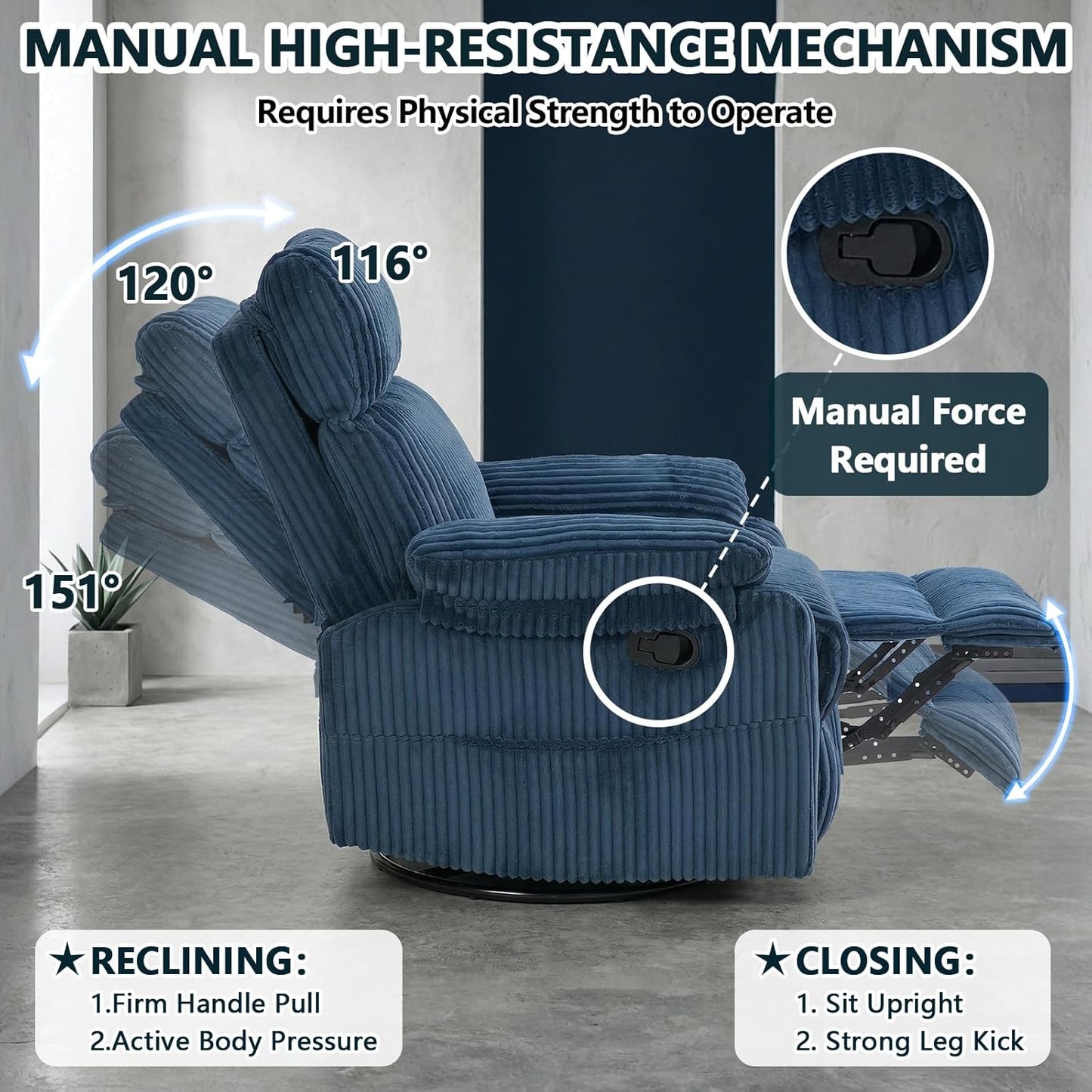 Manual Small Recliner Rocking Chair for Nursery/Relaxation, Corduroy Swivel Glider Recliner for Living Room Bedroom, Brown Rocking Chair Nursery Recliners for Small Spaces, Side Pockets (Brown)