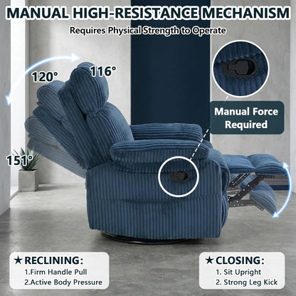Manual Small Recliner Rocking Chair for Nursery/Relaxation, Corduroy Swivel Glider Recliner for Living Room Bedroom, Brown Rocking Chair Nursery Recliners for Small Spaces, Side Pockets (Brown)