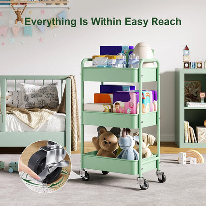 3 Tier Rolling Cart Metal with Lockable Wheels, Pink Three Tiered Diaper Caddy Cart Organizer on Wheels, Storage Utility Trolley Carts for Craft, Art, Nail, Lash, Baby Supplies, Cleaning, Mesh