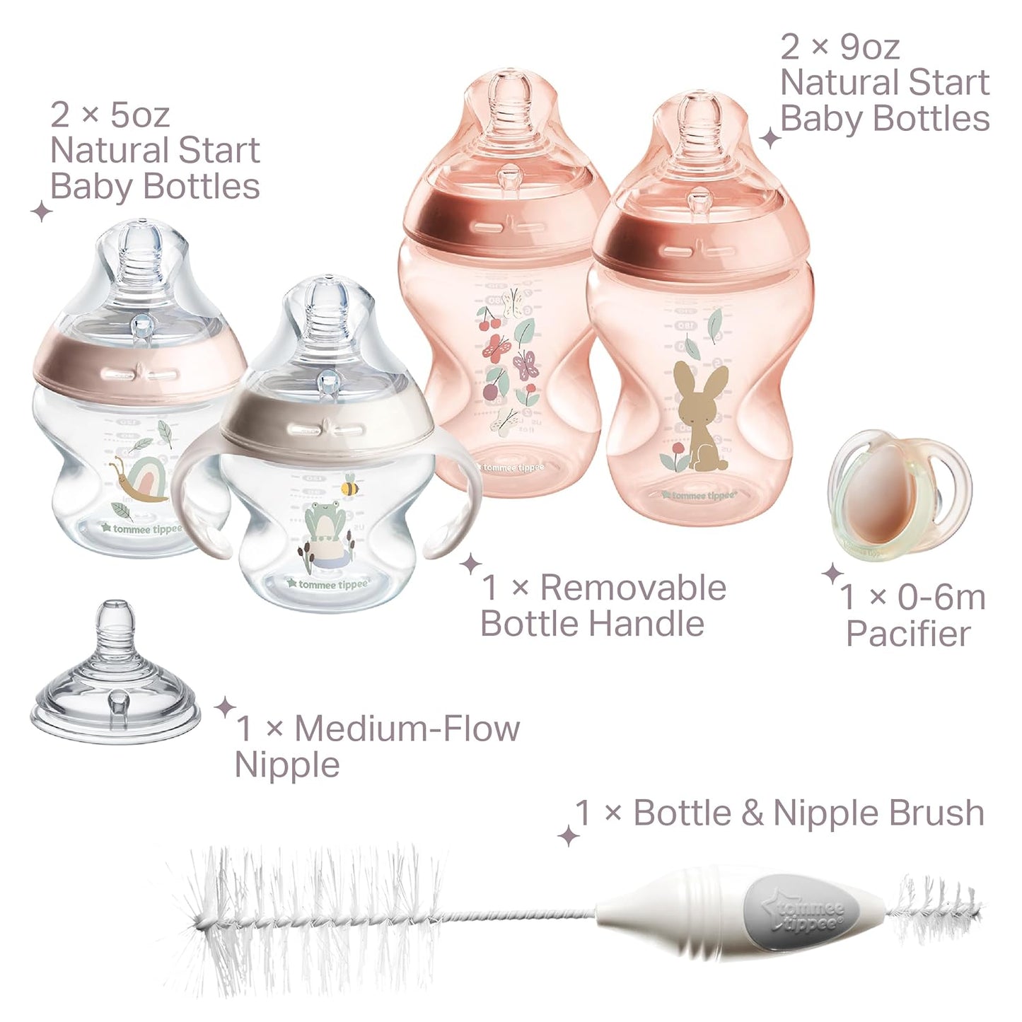 Tommee Tippee Natural Start 12 Piece BPA Free Bottle Set, Includes 2 x 5 oz, 3 x 9 oz, 1 x 11 oz Bottles, Newborn 0+ Months, Slow, Medium & Thicker Flow Breast-Like Nipples, Cleaning Brush, Clear